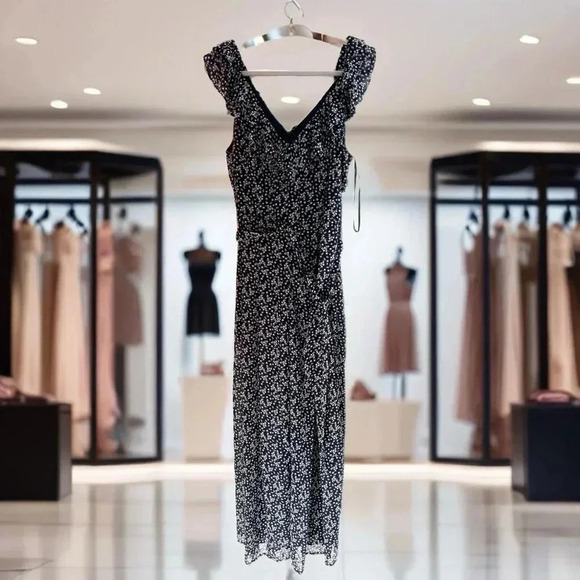 NWT $99 PREMIER AMOUR Navy Floral Maxi Dress Sleeveless Ruffle Lace Sz 12 Large - Picture 5 of 13